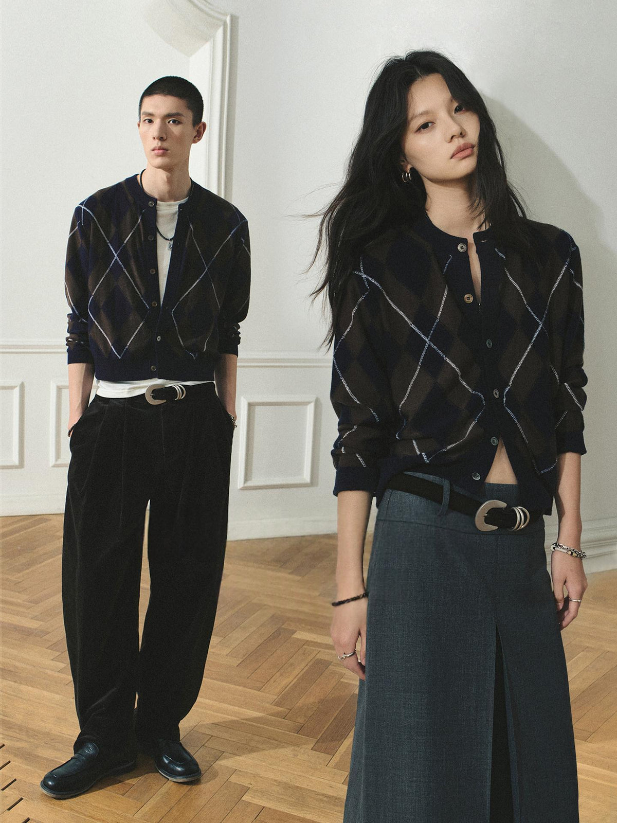 Wool Vintage Diamond-pattern Crew-neck Single-breasted Knit Cardigan