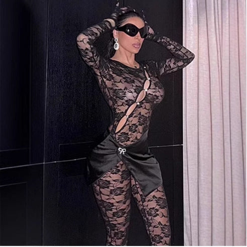 Seductive Lace Cutout See-Through Long Sleeve Bodysuit