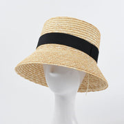 Black Flat Top Straw Bucket Hat for Women
