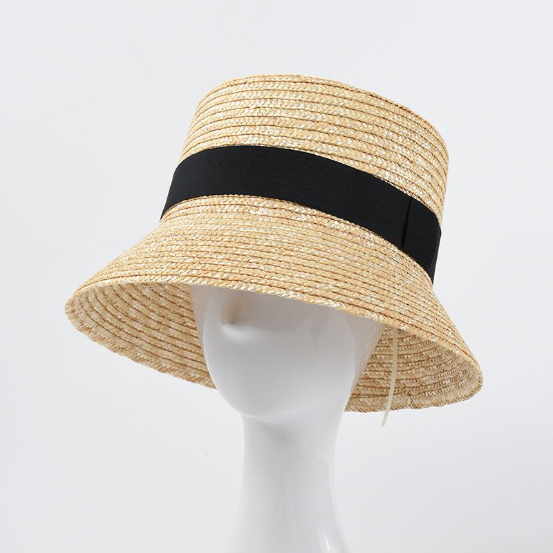 Black Flat Top Straw Bucket Hat for Women