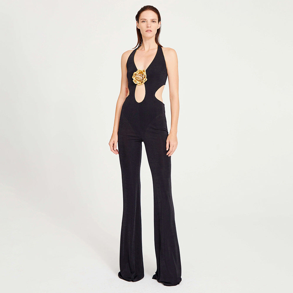 Halter Sexy Trousers Women's Jumpsuit Golden Flower Sleeveless Backless