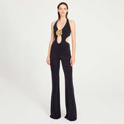 Halter Sexy Trousers Women's Jumpsuit Golden Flower Sleeveless Backless