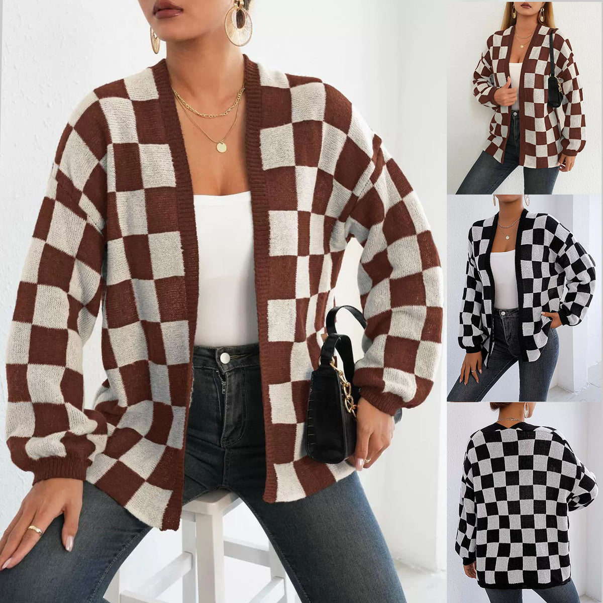 Womens Casual Loose Sweater Coat with a Checkerboard Pattern