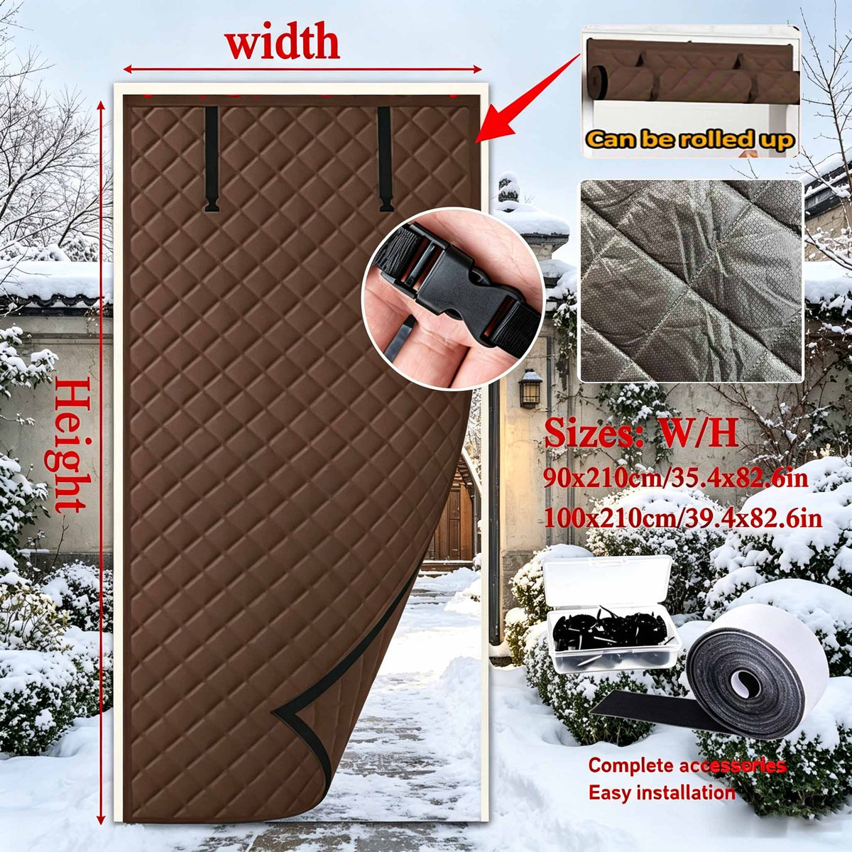Magnetic Thermal Insulated Door Curtain, Thick Diamond Quilted Oxford Cloth Windproof Door Drape with Roll Up Storage Buckle, Cold Block Energy Saving Door Cover for Home Courtyard Balcony Winter Heat