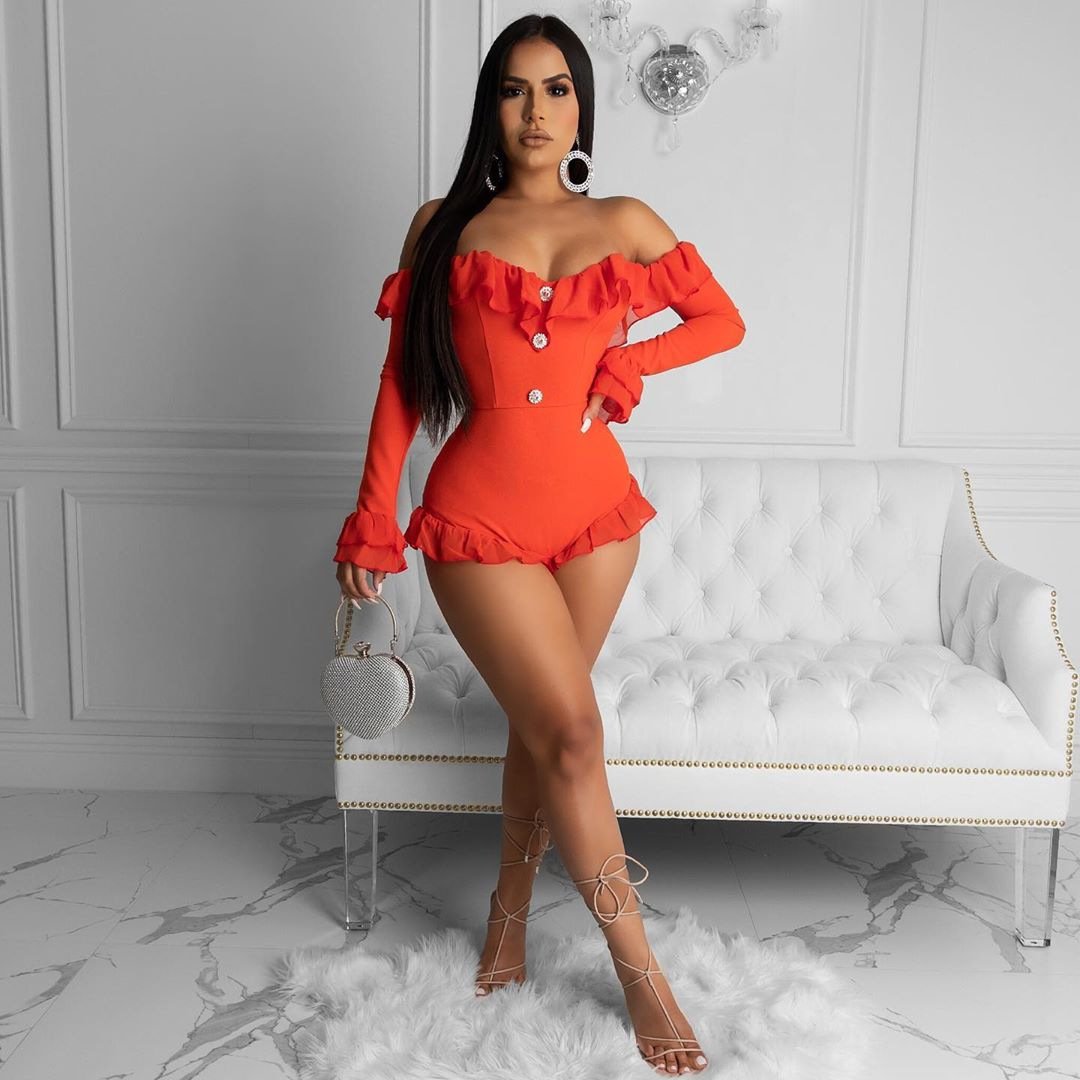 Off-the-shoulder Ruffled Jumpsuit for Women - Trendy Mesh Panel Design