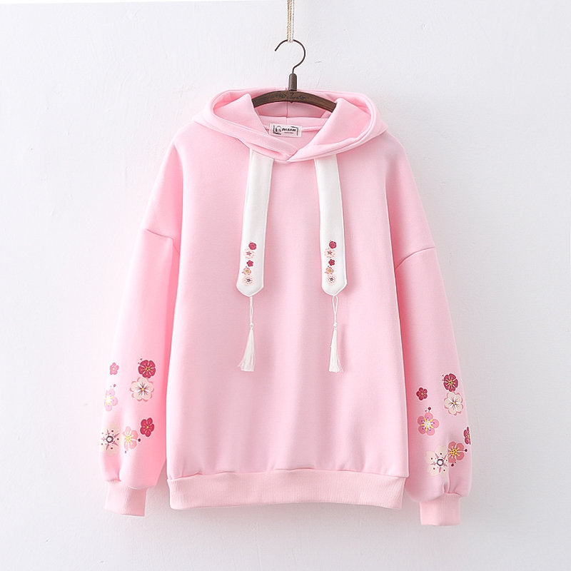 Plum Blossom Print Fleece Hooded Sweatshirt