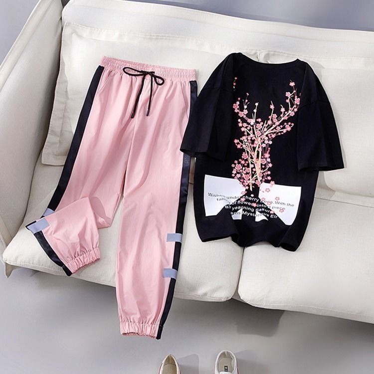 Women's Casual Summer Two-piece Suit Loose Slimming Student Pants