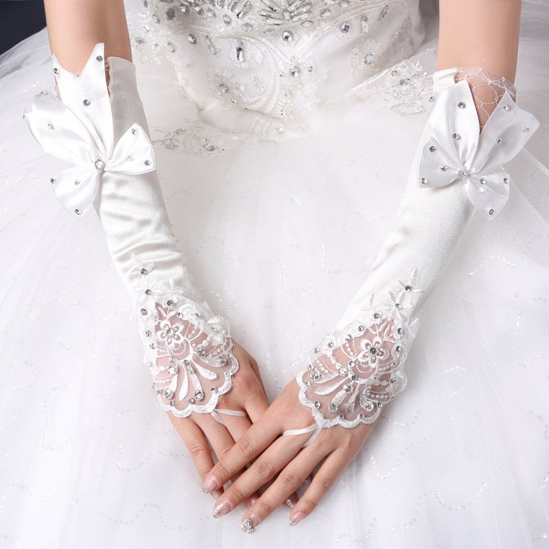 Elegant White Wedding Gloves with Hook Finger & Flower Bow