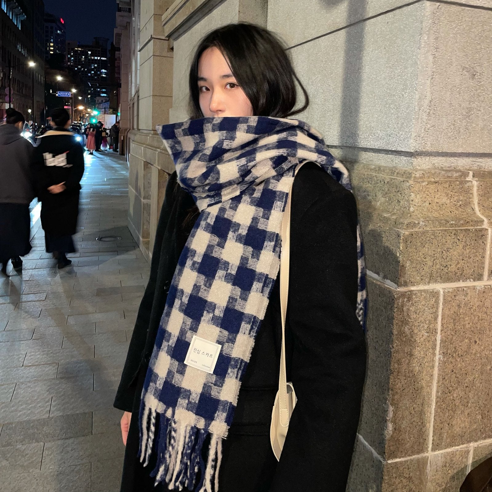 Stay Warm in Style with Navy Blue Houndstooth Plaid Scarf