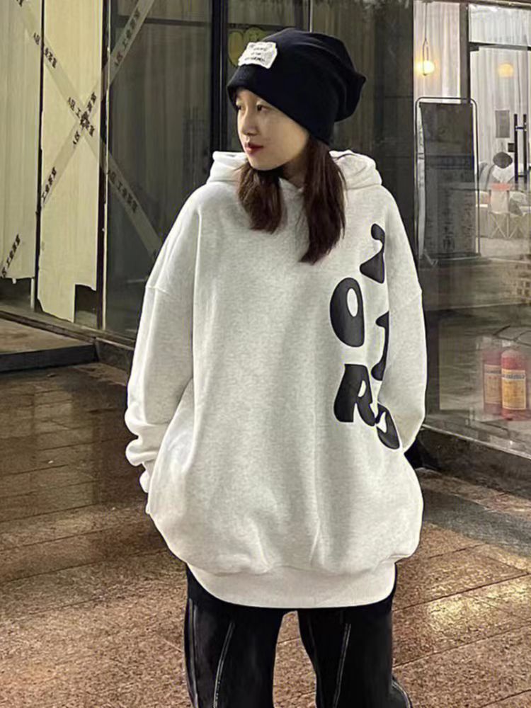 White Gray Pure Cotton Hooded Sweater With Plush And Thickened