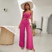 Rose Red Long Bell-Bottom Jumpsuit for Women