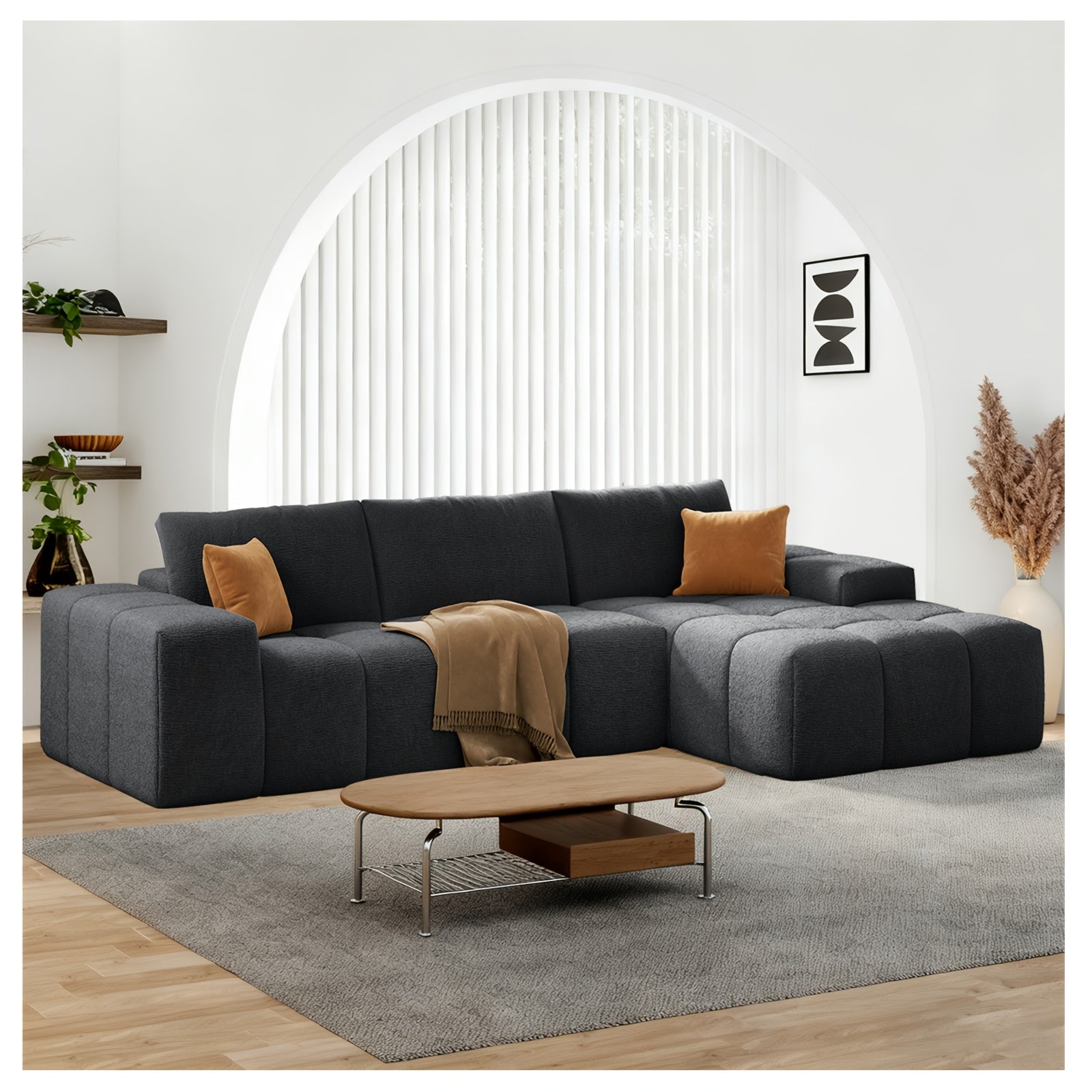 Modular L-shaped chaise longue sofa bed with deep seat and corduroy upholstery