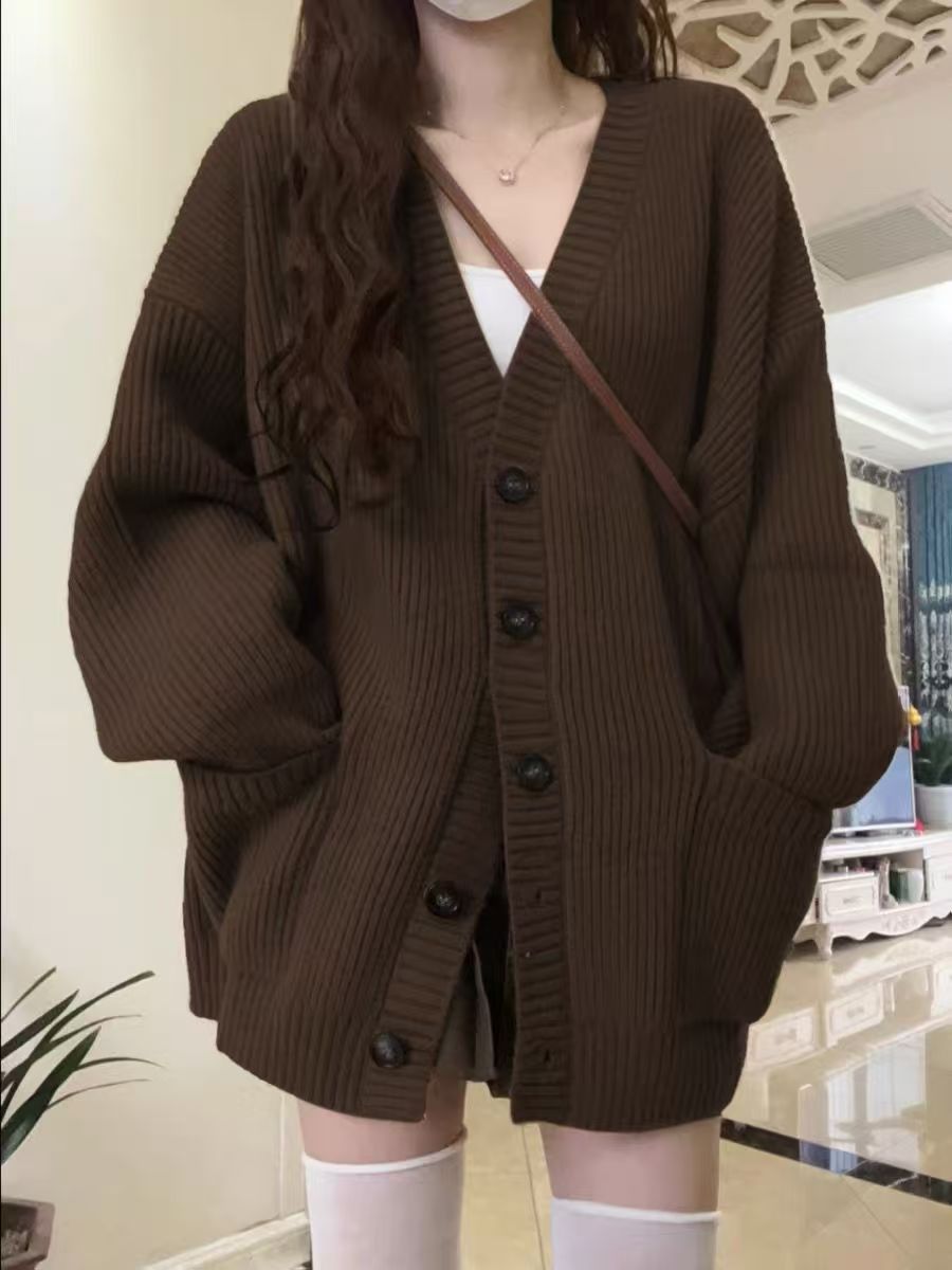 Womens Solid-color Loose-fit Korean-style Knitted Sweater