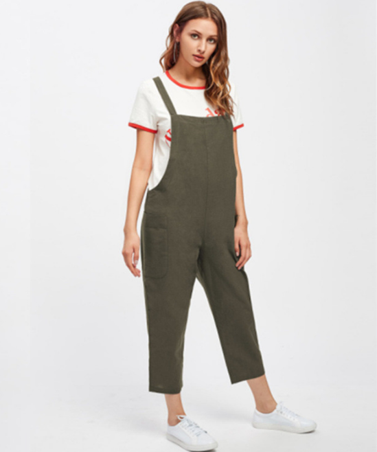 Casual Cotton Pocket Suspenders Cropped Overalls