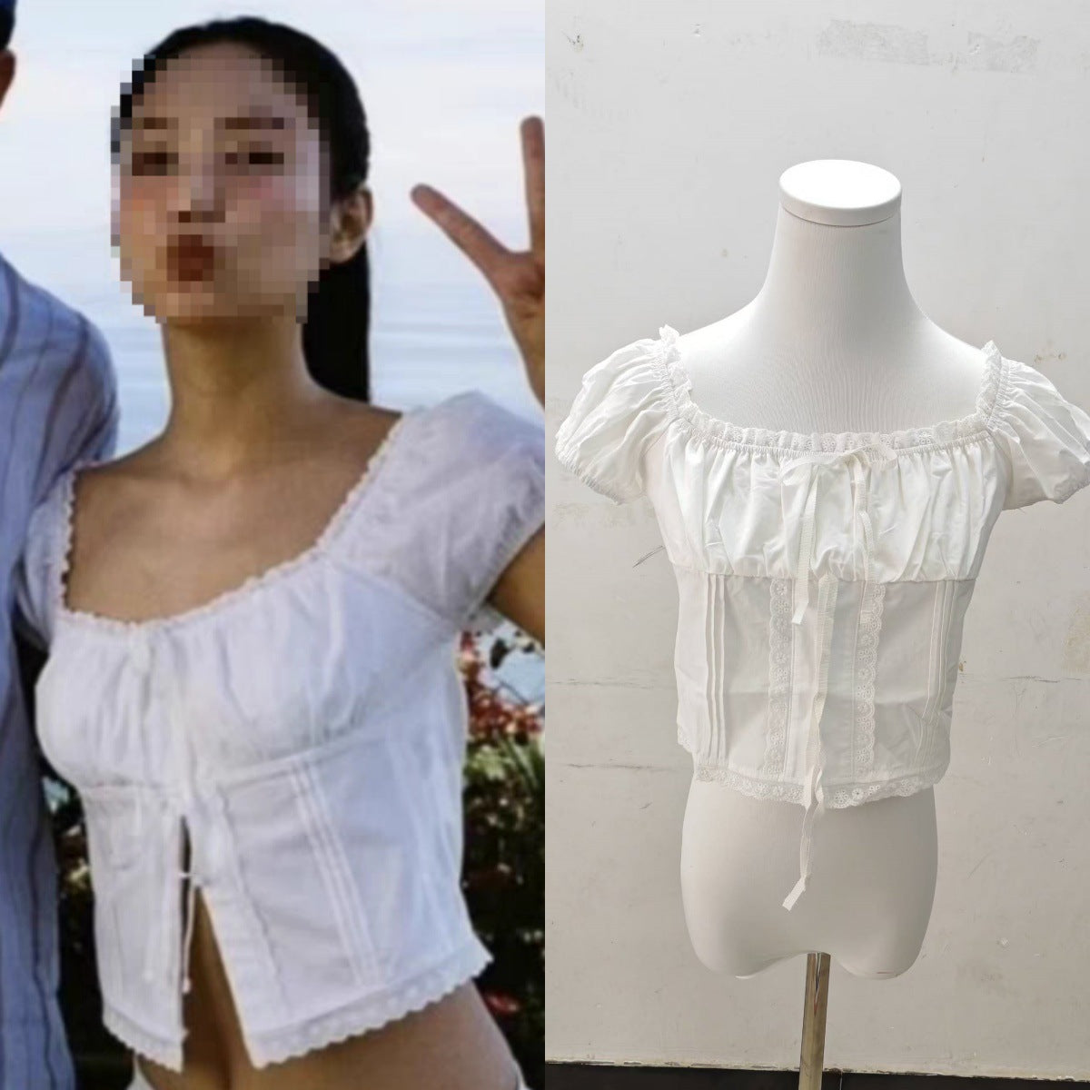 Elegant White Lace Short Top with Square Collar & Self‑Tie Detail
