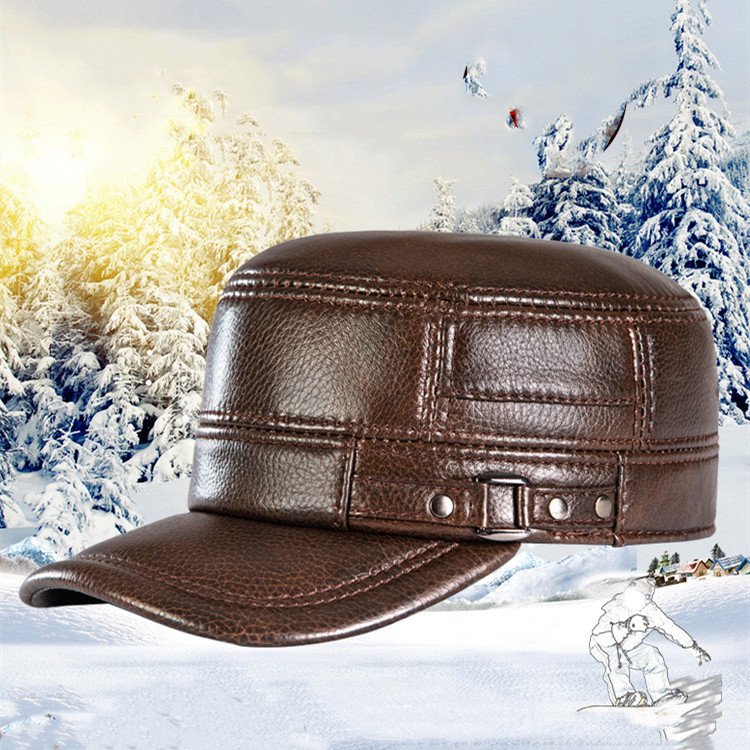 Men's Leather Flat Hat - Warm Ear Protection & Sun Shade
