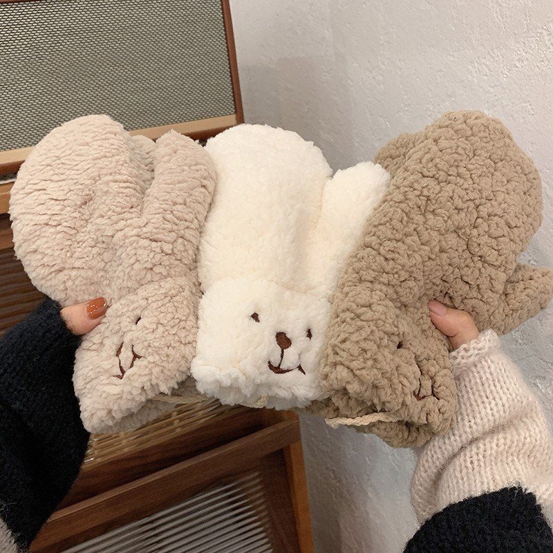 Warm Cartoon Bear Plush Gloves for Women