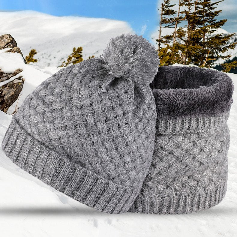 Warm Velvet Knitted Fur Ball Hat Scarf Set