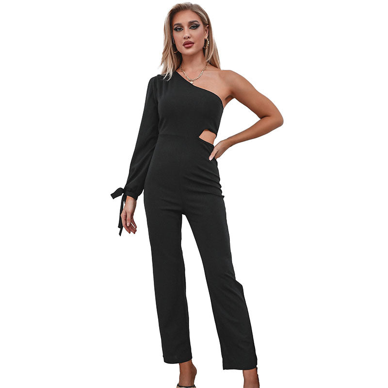 High-waisted One-shoulder Womens Slim-fit Solid-color Jumpsuit