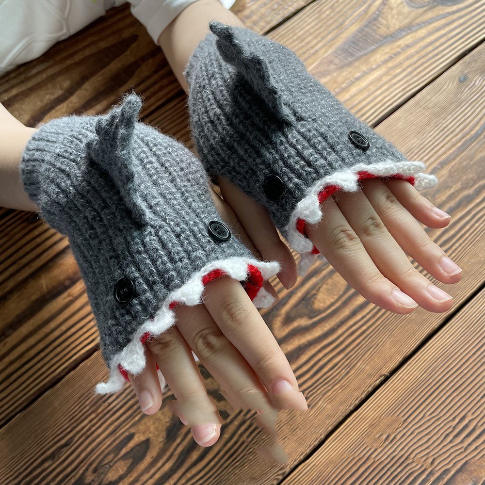 Warm Cartoon Shark Gloves for Women