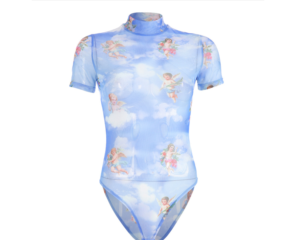 Angel Print Mesh Slim Short Sleeve Jumpsuit