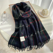 Navy Green Plaid Scarf - Women's Warm Fashion Tassel Scarf