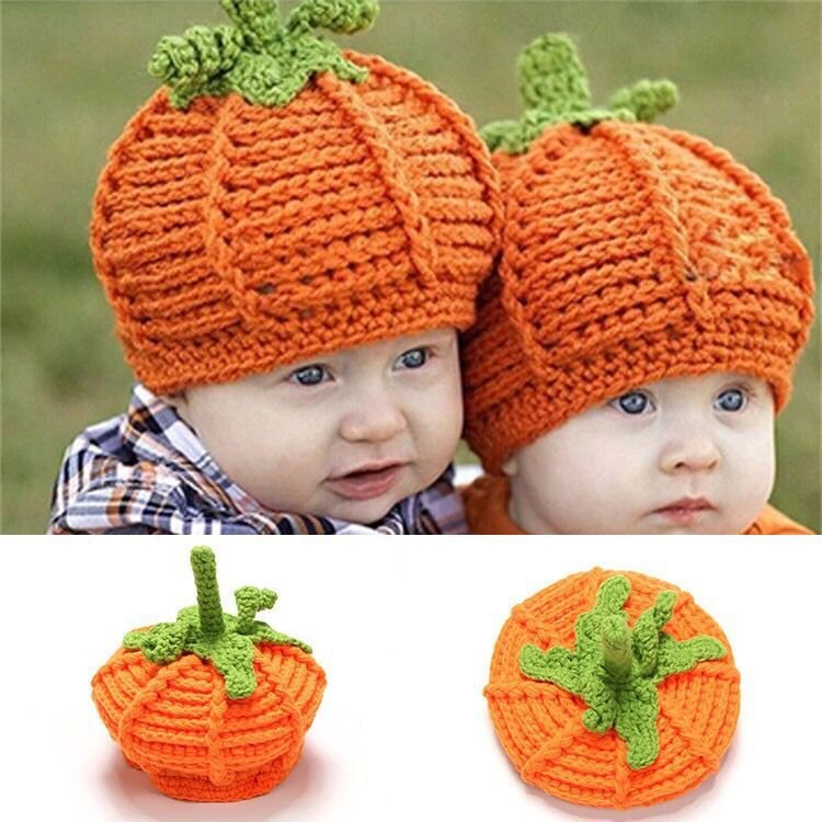 Kids' Halloween Pumpkin Hat - Hand Hook Knitted Yellow Yarn