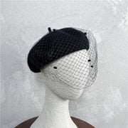 French Mesh Veil Wool Beret Pom Pom Cap
