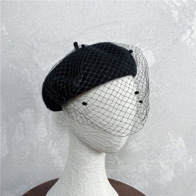 French Mesh Veil Wool Beret Pom Pom Cap