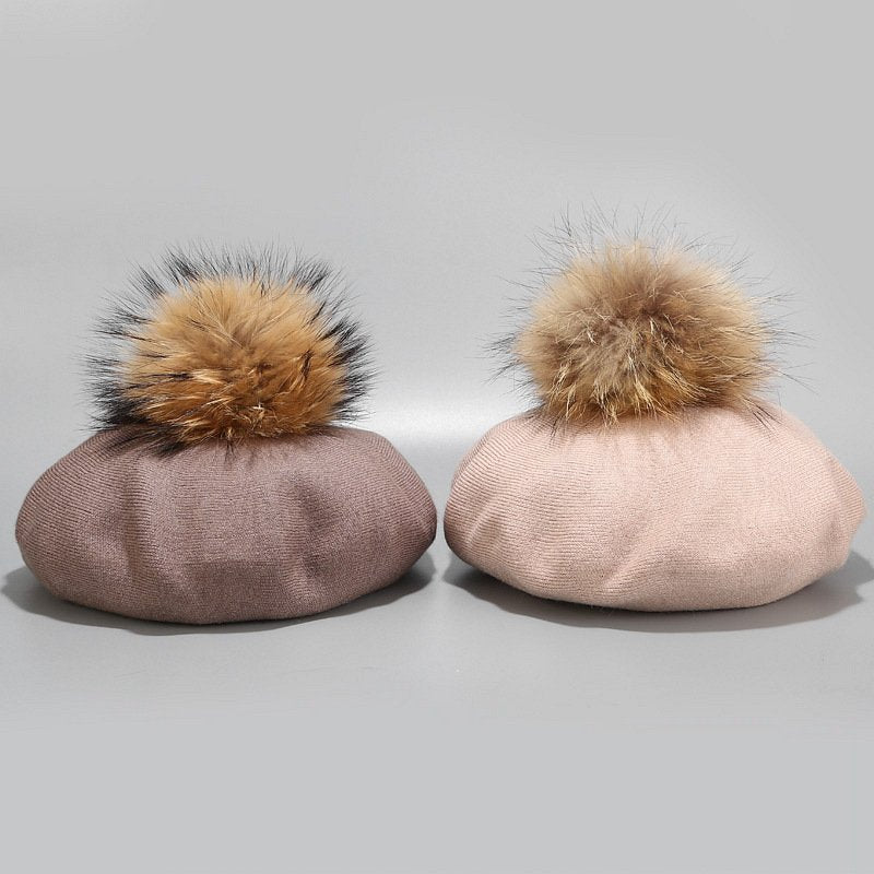 Women's Wool Beret Hats with Hairballs