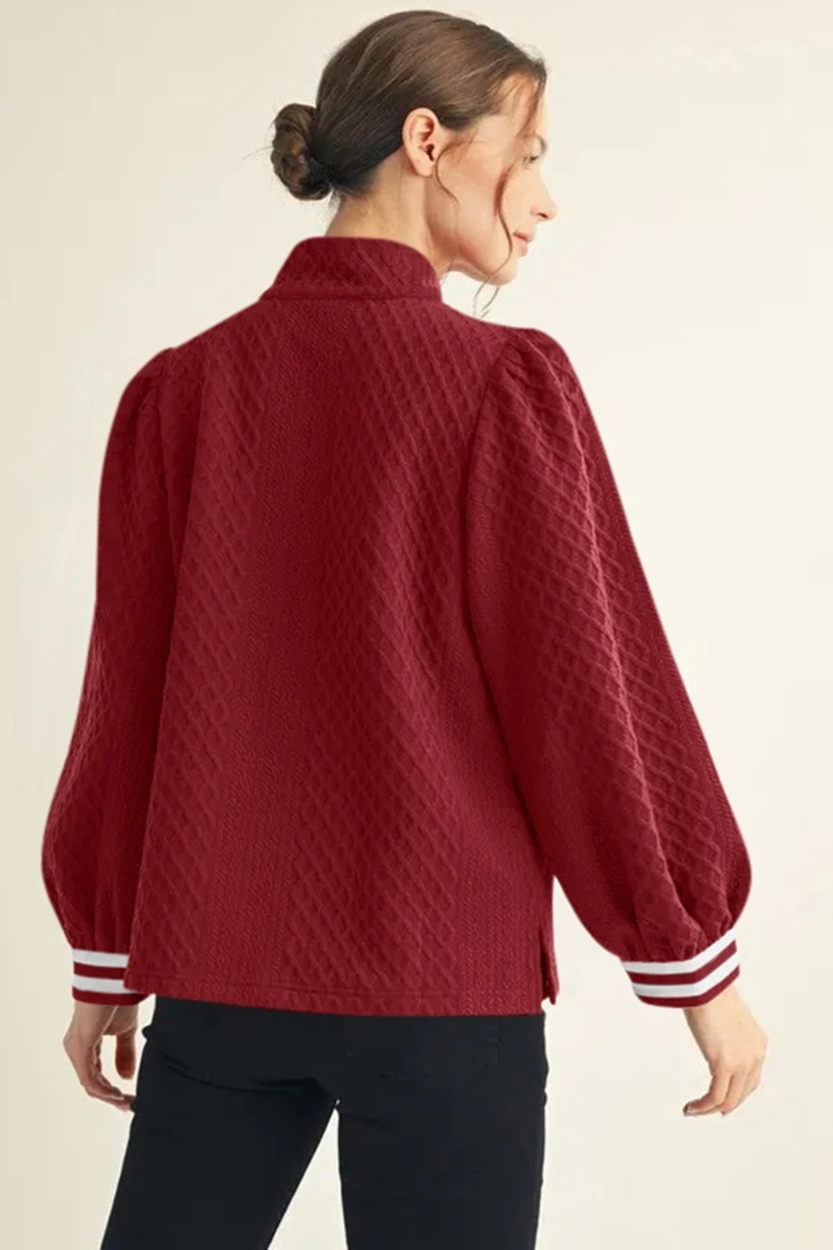 Racing Red Diamond-texture Striped Patchwork Zip-neck Pullover Sweater