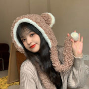All-in-One Warm Bear Hat and Scarf for Women