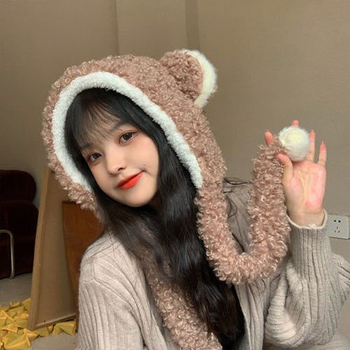All-in-One Warm Bear Hat and Scarf for Women