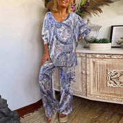 Floral V-Neck Top & Pants Set for Women