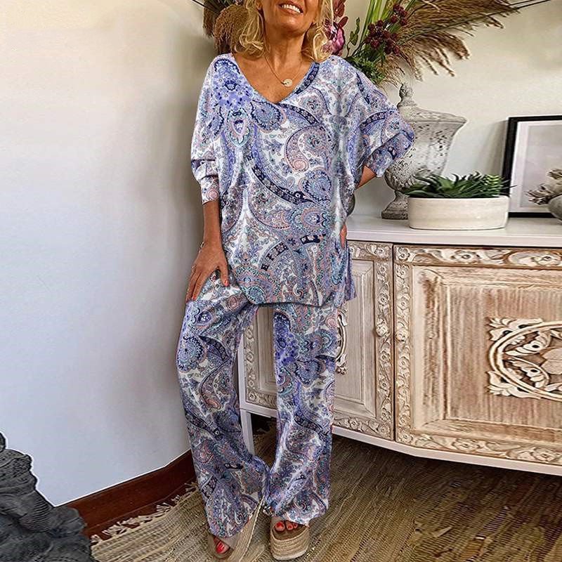 Floral V-Neck Top & Pants Set for Women