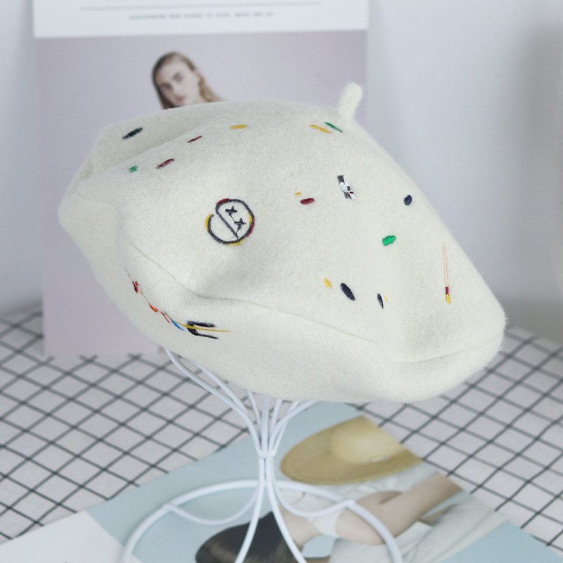 Vintage Wool Beret Hat for Women - Embroidered Fashion Statement