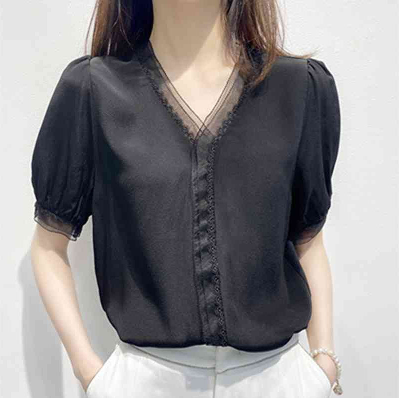 Elegant V-Neck Puff Sleeve Lace Top – Flirty, Light & Versatile