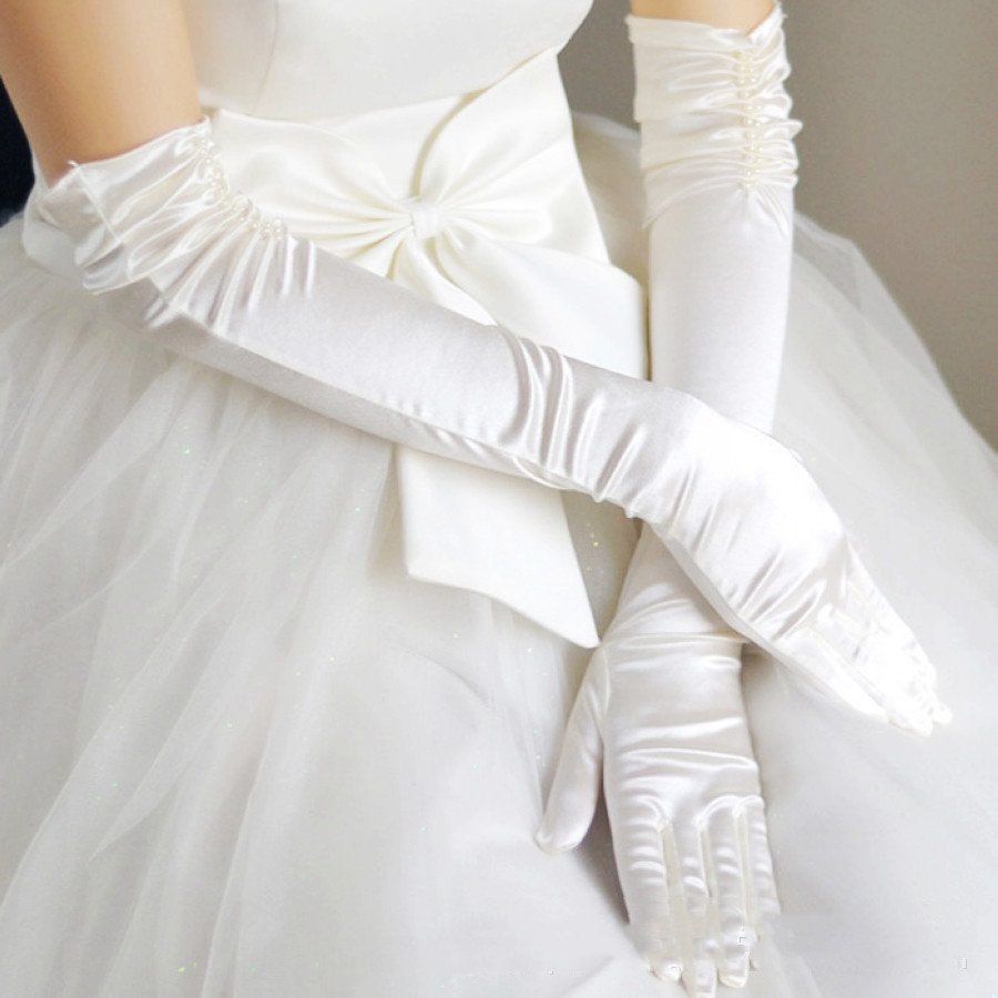 Double Row Beaded White Gloves for Women