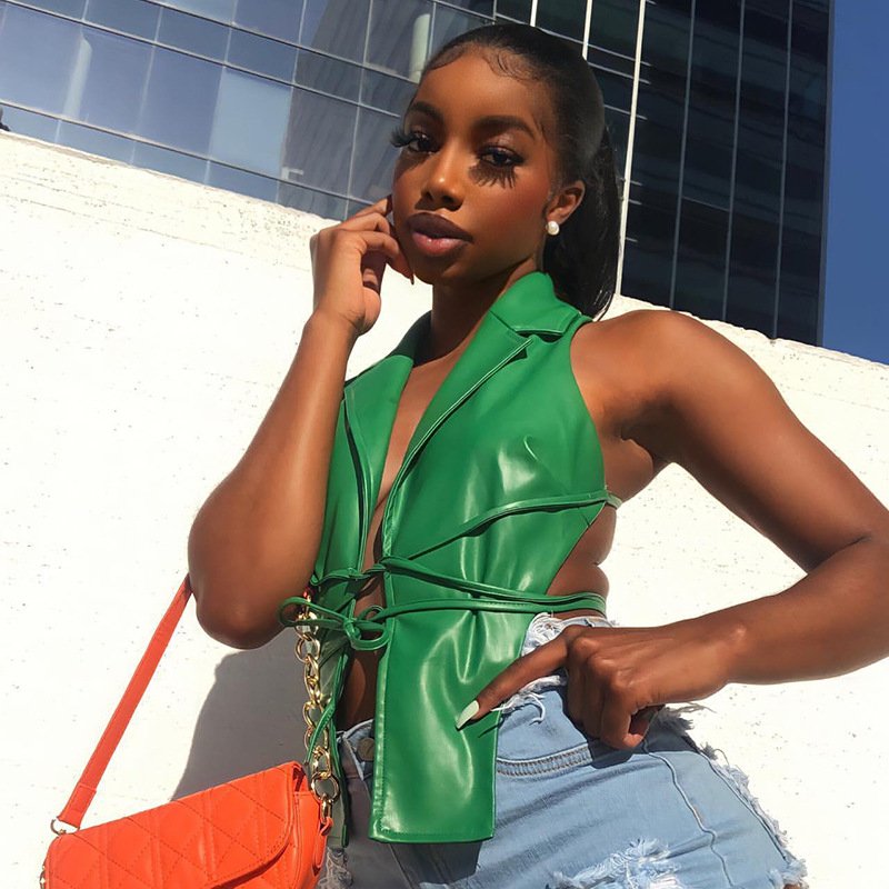 Leather Lace-up Vest with Polo Neck