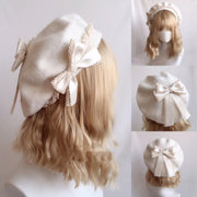 Vintage Woolen Bow Beret Hat for Women