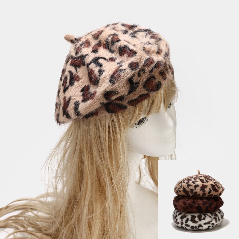 Leopard Rabbit Fur Beret for Women - Warm Winter Hat