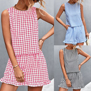 Black Plaid Sleeveless Shorts Suit for Women