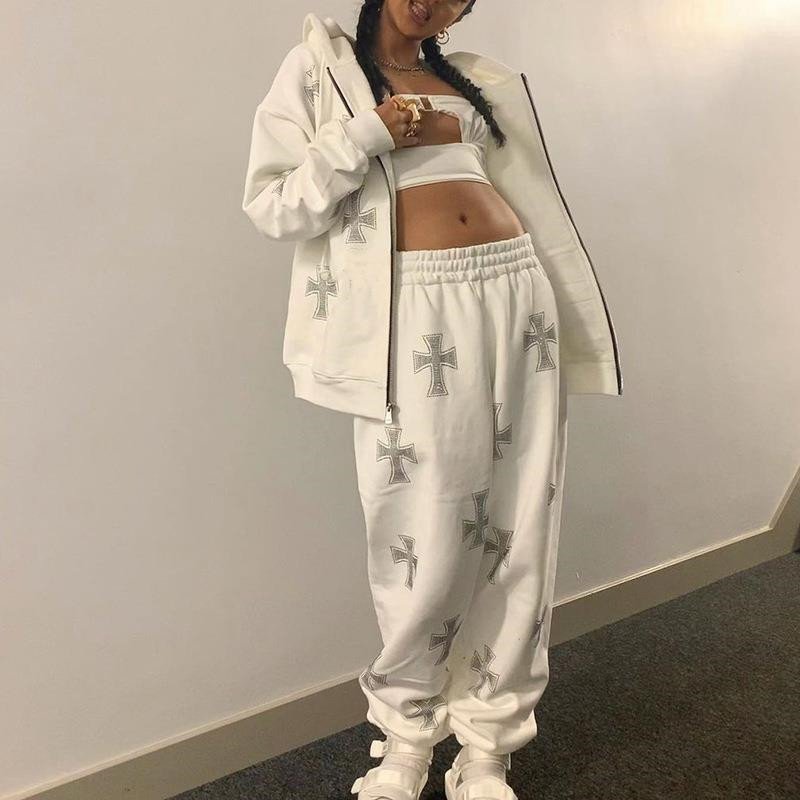 Rhinestone Zipper Hooded Sweater Jumpsuit for Women