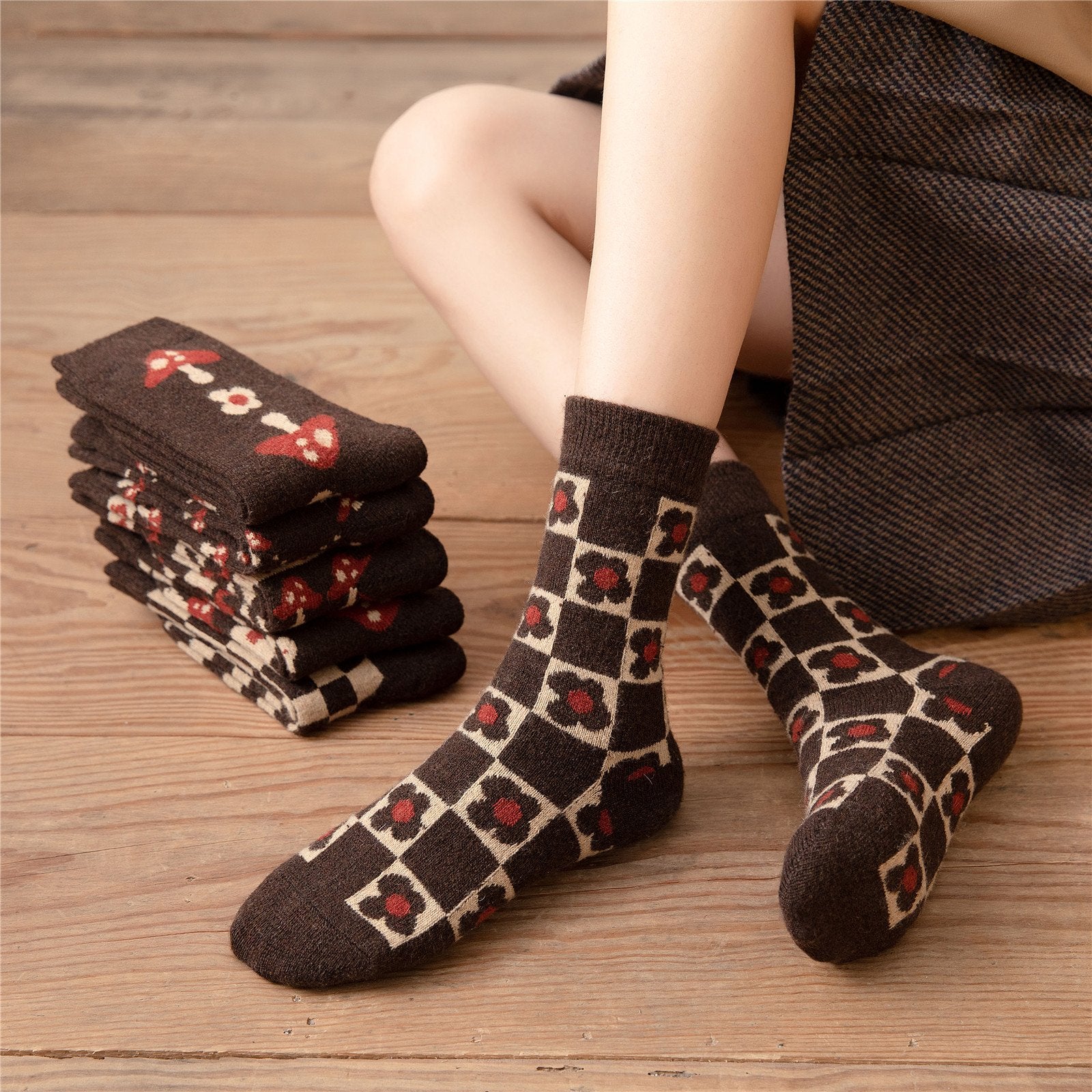 Cozy Brown Mushroom Pattern Socks for Women