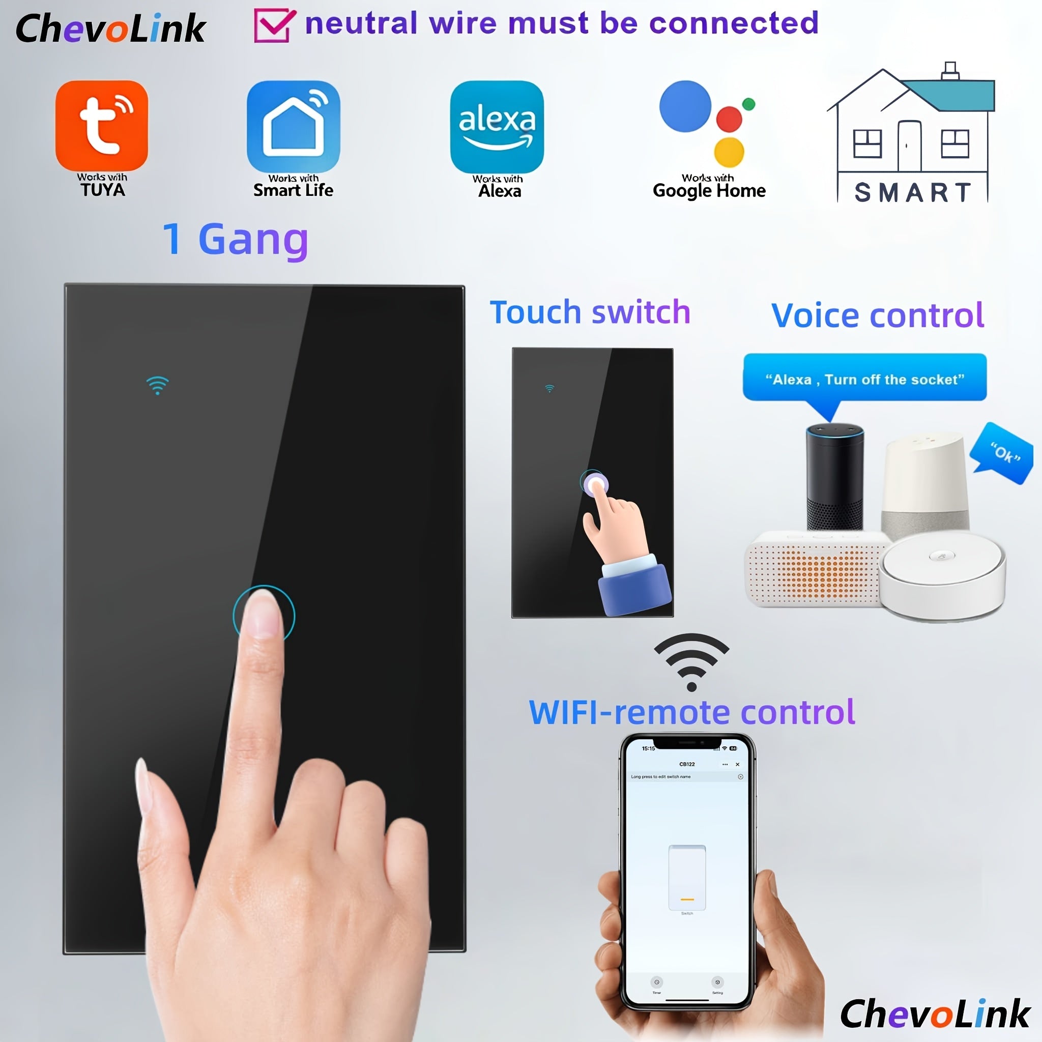Black Smart Wi‑Fi Touch Light Wall Switch, Tempered Glass Panel, 1‑4 Channel Options, Requires Neutral Wire, 100‑240 V