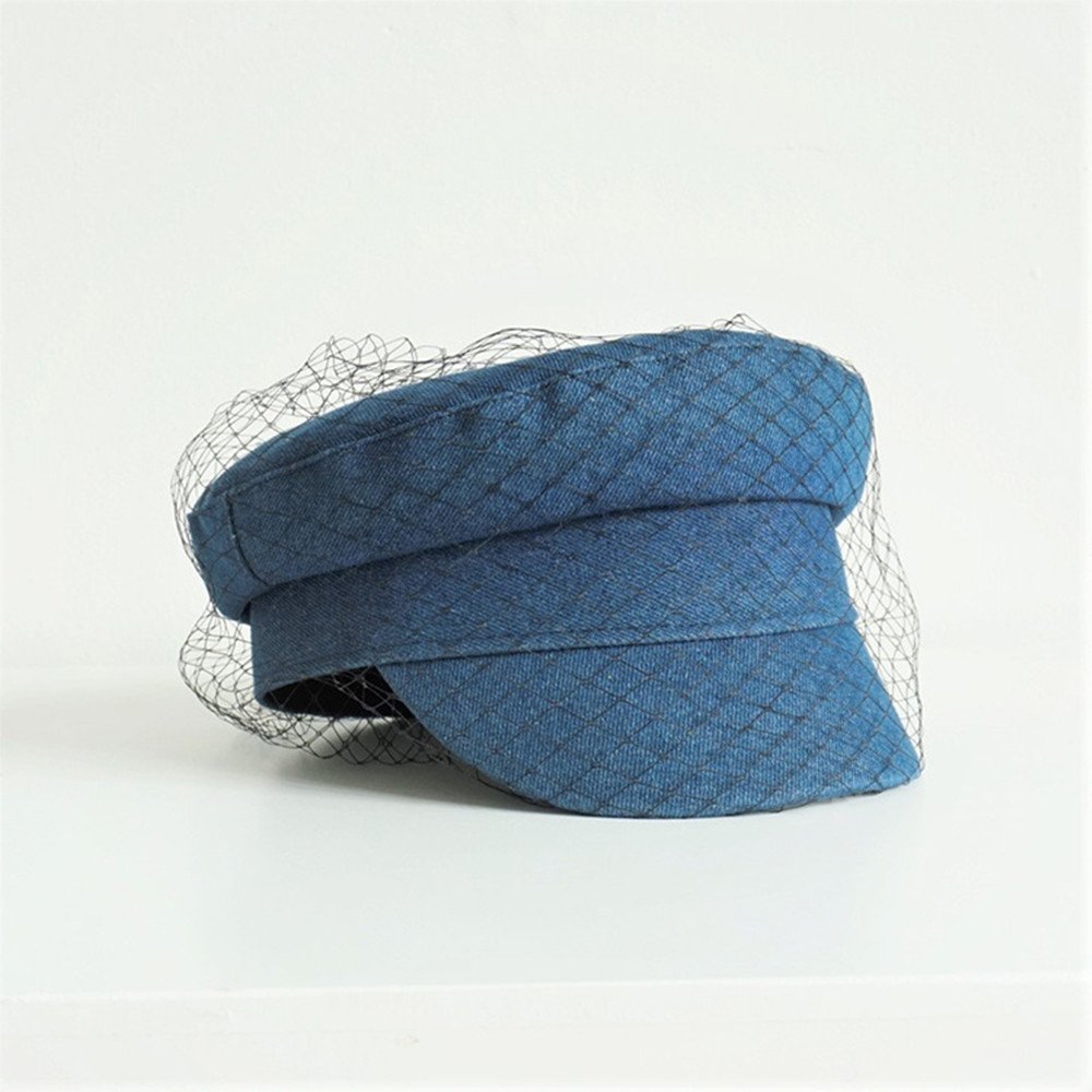 Navy Denim Mesh Flat Cap for Women