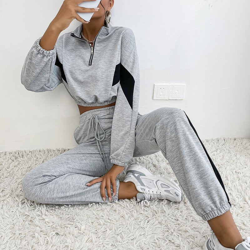 Women's Contrast Color Sports Suit Sweater Set