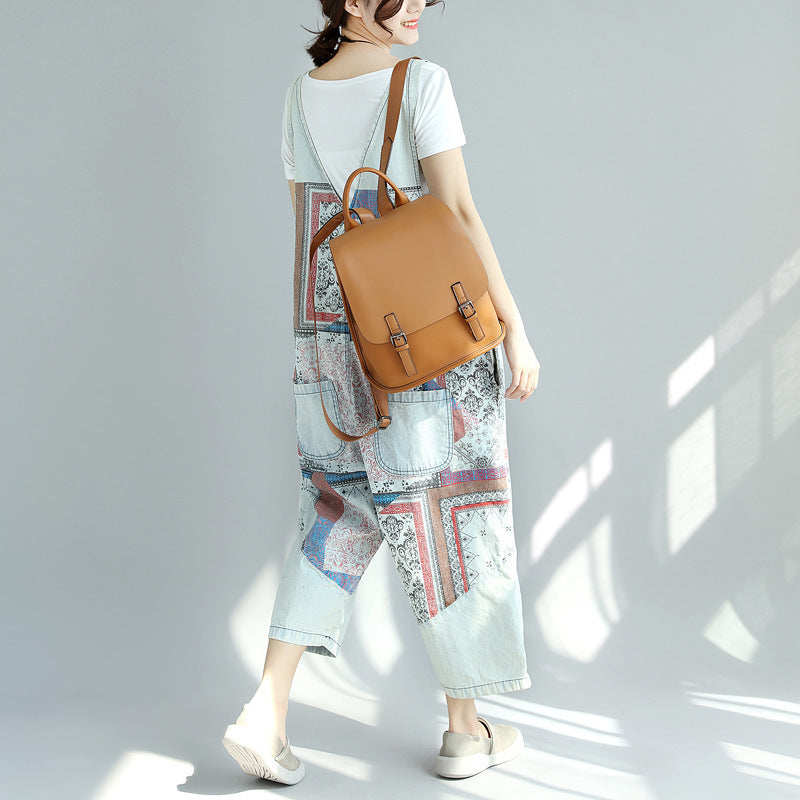 Printed Distressed Cropped Stitching Denim Suspender Pants