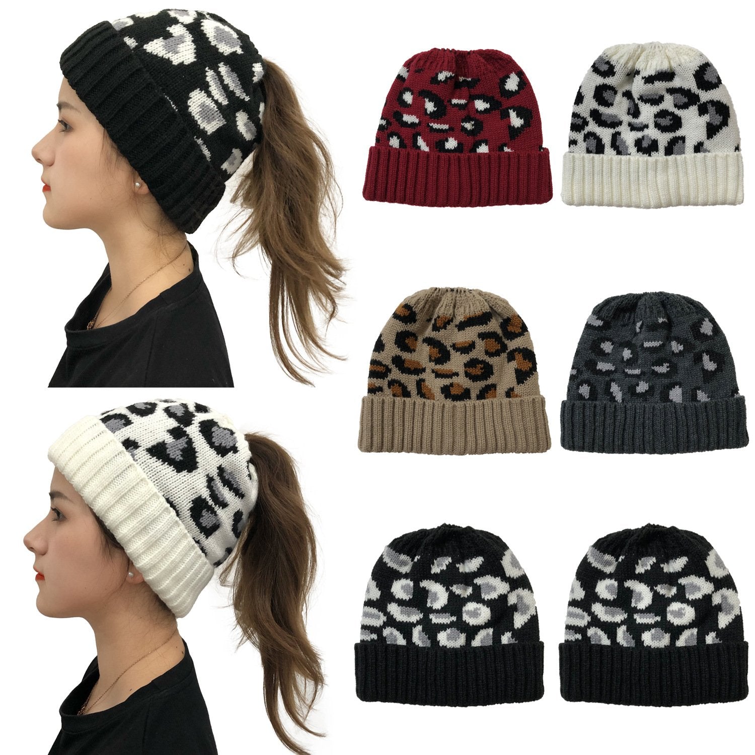 Leopard Print Knitted Beanie for Women Winter