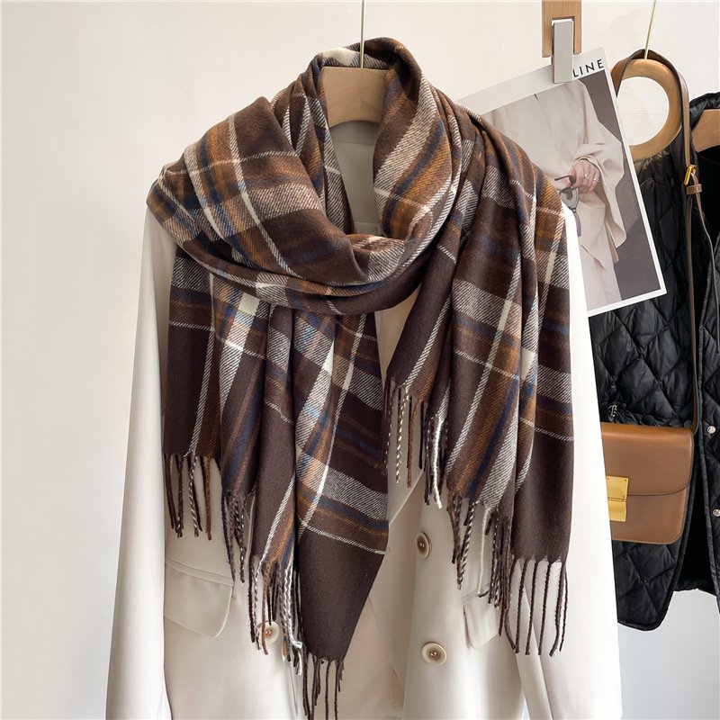 Warm Faux Cashmere Plaid Scarf for Winter